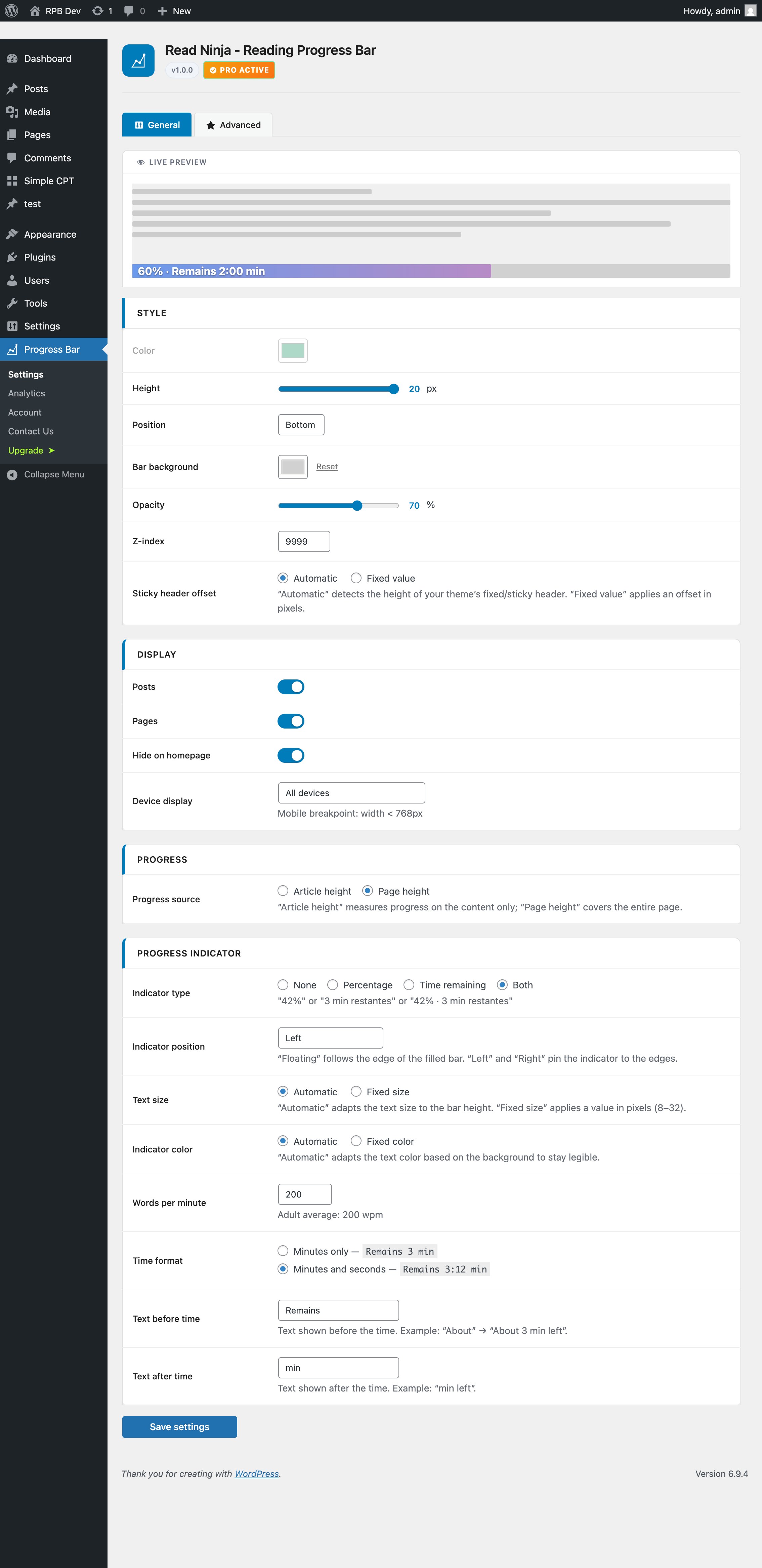 Der Stil-Tab der Fortschrittsleisten-Einstellungsseite im WordPress-Admin